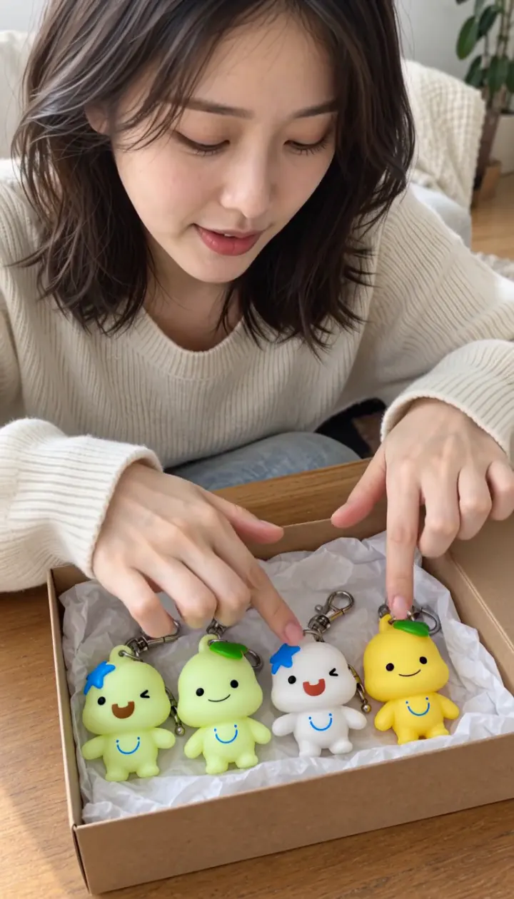 선물 상자 속 해로·토로 키링을 꺼내 보는 모습